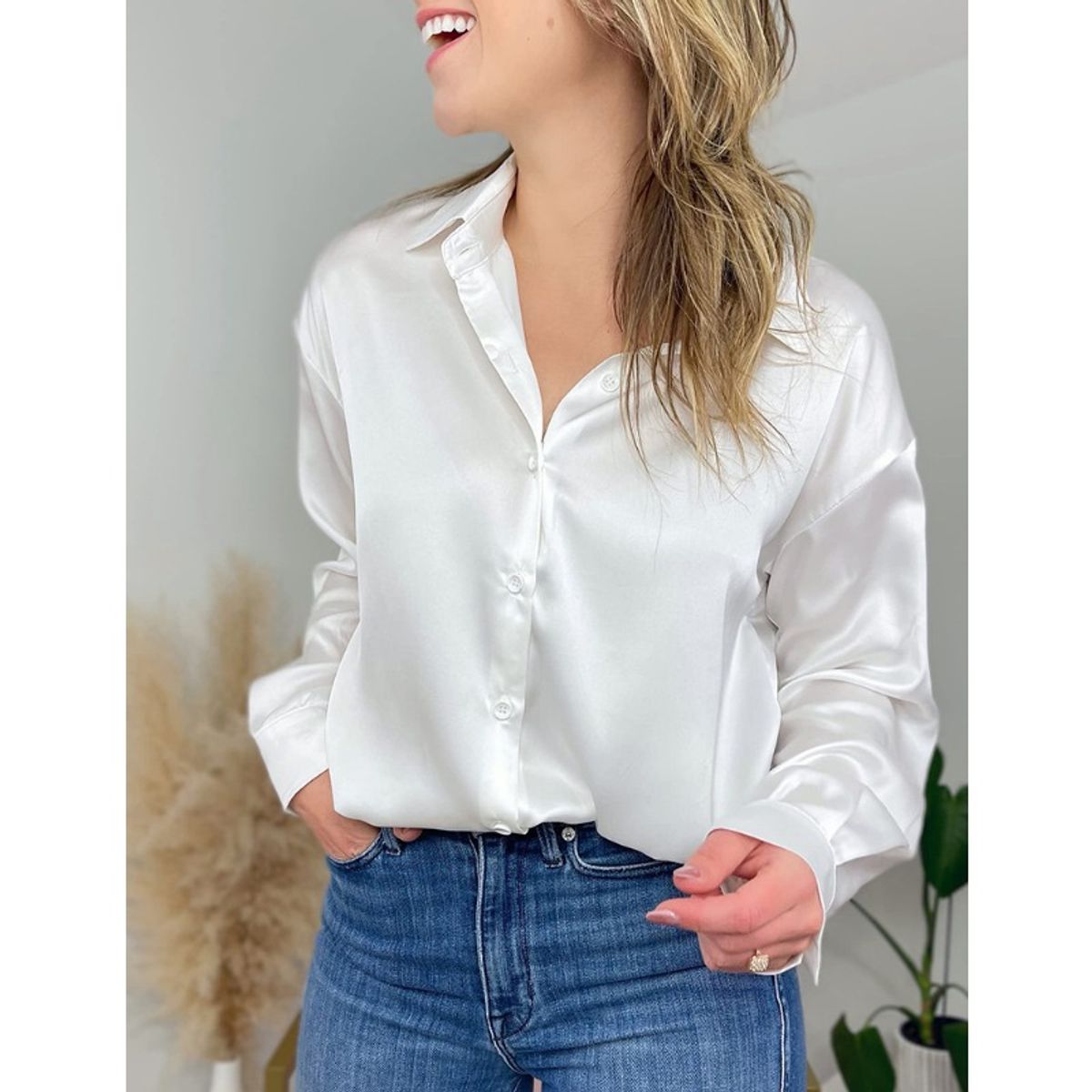 GIOIO - Increíble Cuello V Blusa Satén Moda Casual Elegante Diseños