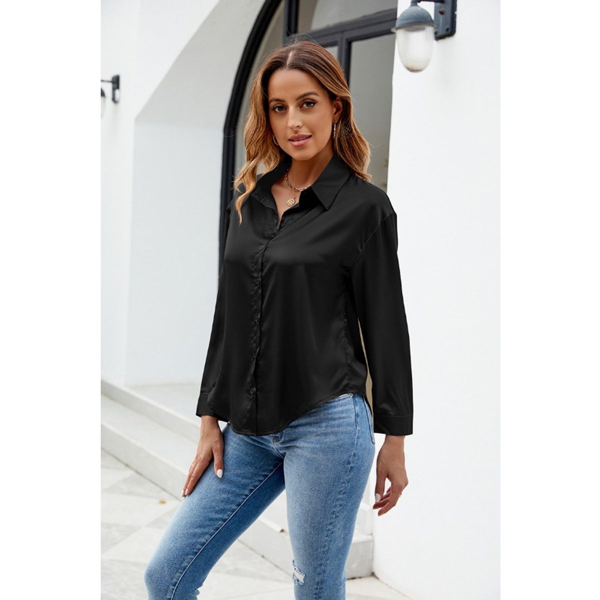 GIOIO - Increíble Cuello V Blusa Satén Moda Casual Elegante Diseños