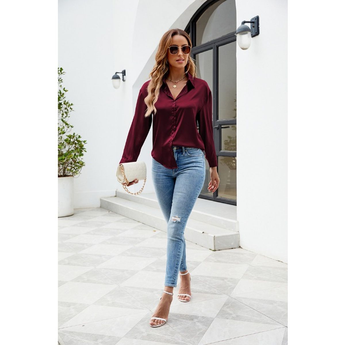 GIOIO - Increíble Cuello V Blusa Satén Moda Casual Elegante Diseños