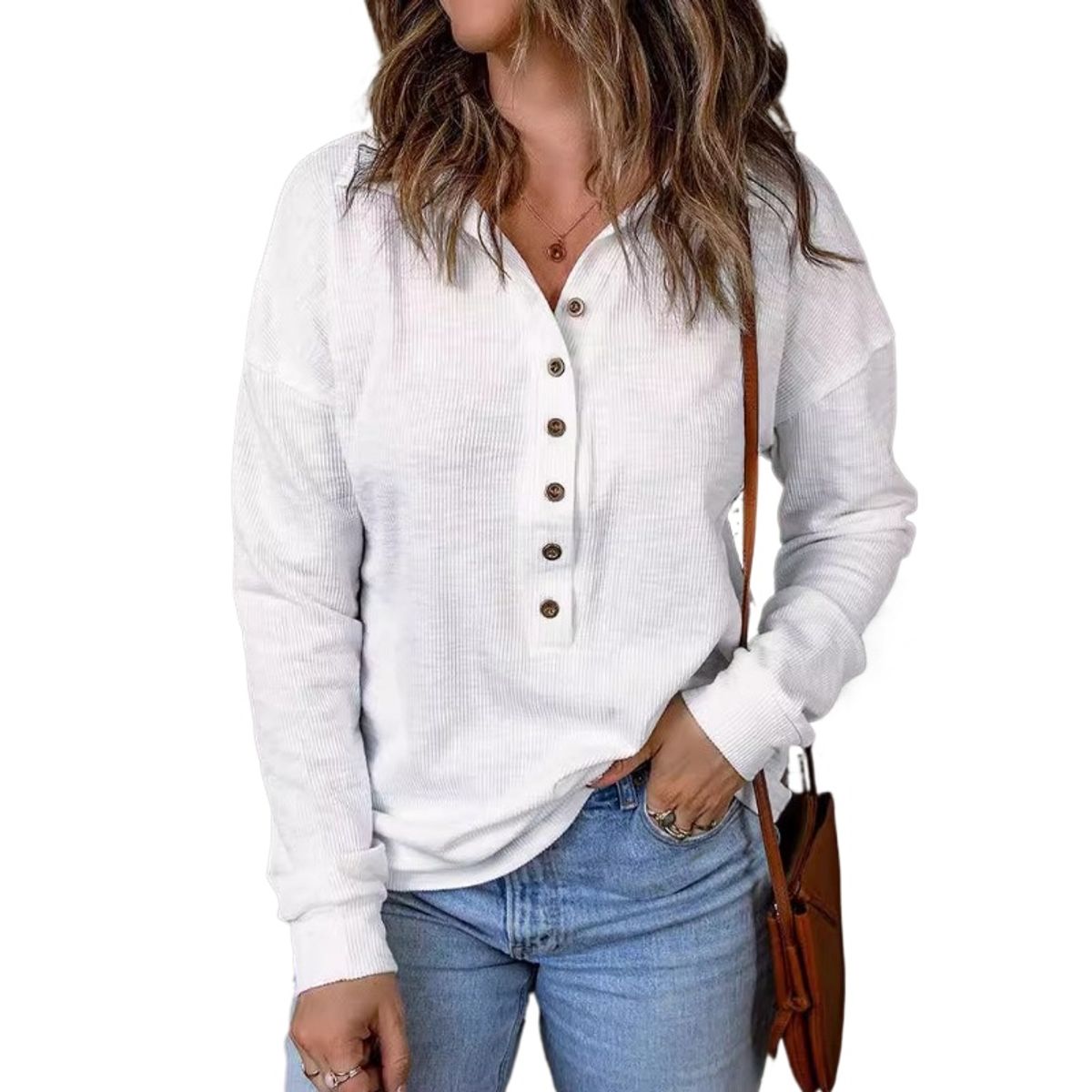 GIOIO - Suéter Mujer Punto Liso Solapa Botones Holgado Manga Larga Casual