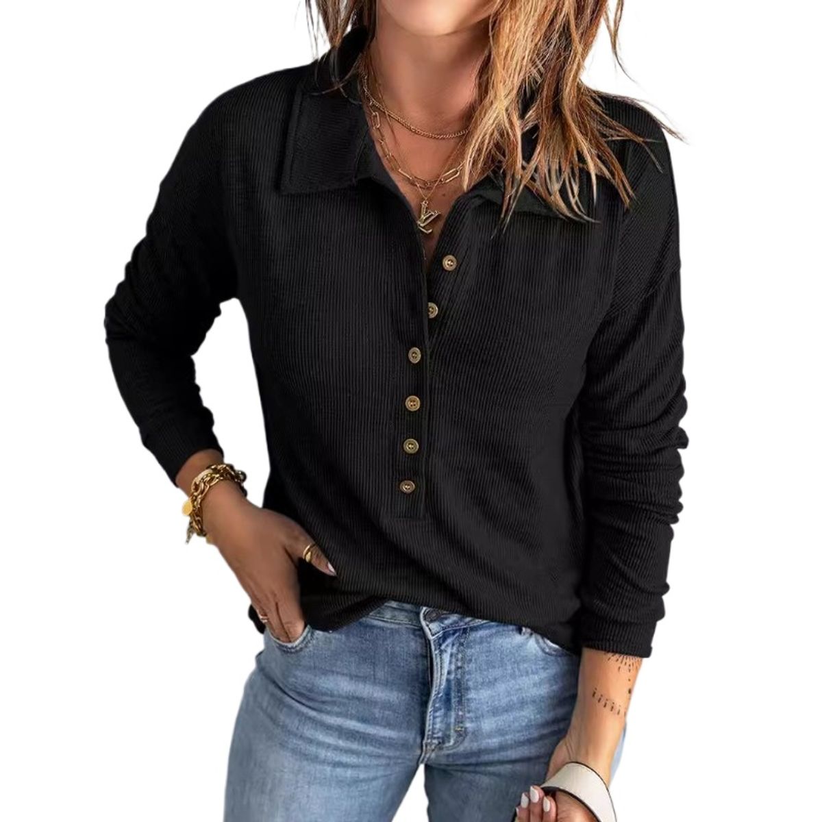 GIOIO - Suéter Mujer Punto Liso Solapa Botones Holgado Manga Larga Casual