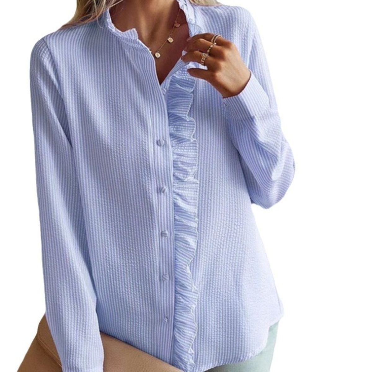 GIOIO - Camisa Mujer Abierta Volantes Manga Globo Larga Holgada