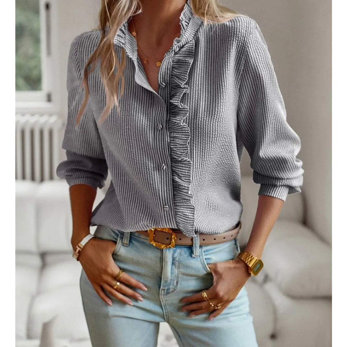 GIOIO - Camisa Mujer Abierta Volantes Manga Globo Larga Holgada