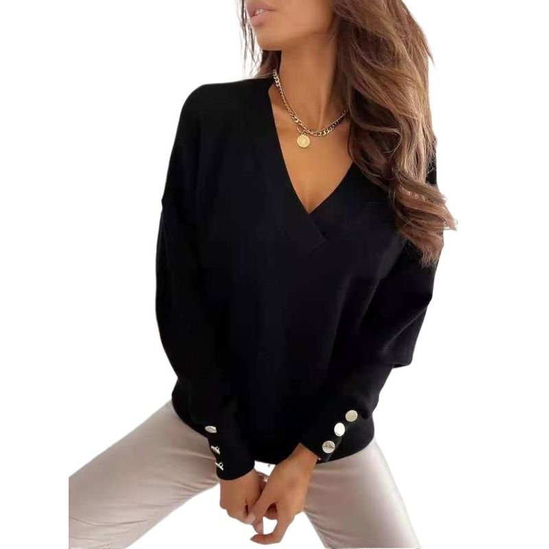 GIOIO - Camiseta Mujer Lisa Americana Escote V Botones Manga Larga Casual