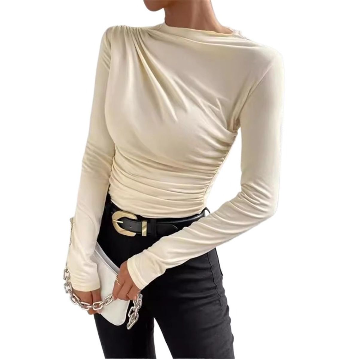 GIOIO - Blusa Mujer Lisa Americana Entallada Fruncida Manga Larga Casual