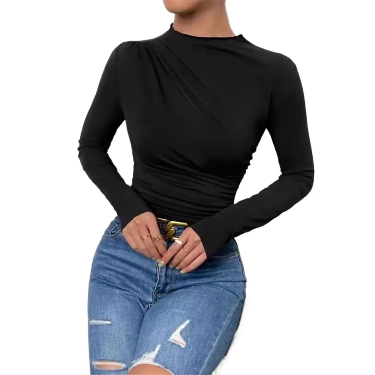 GIOIO - Blusa Mujer Lisa Americana Entallada Fruncida Manga Larga Casual