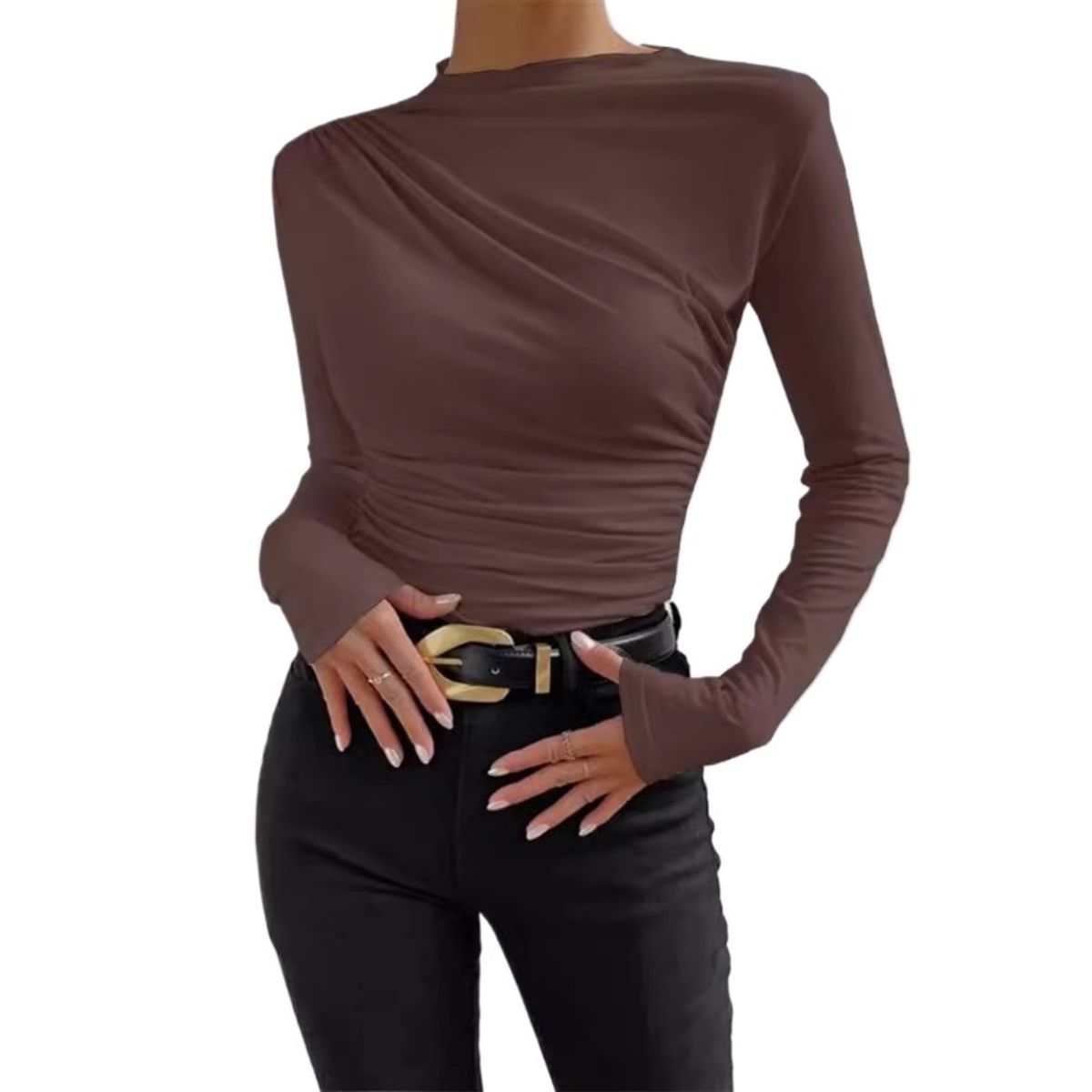 GIOIO - Blusa Mujer Lisa Americana Entallada Fruncida Manga Larga Casual