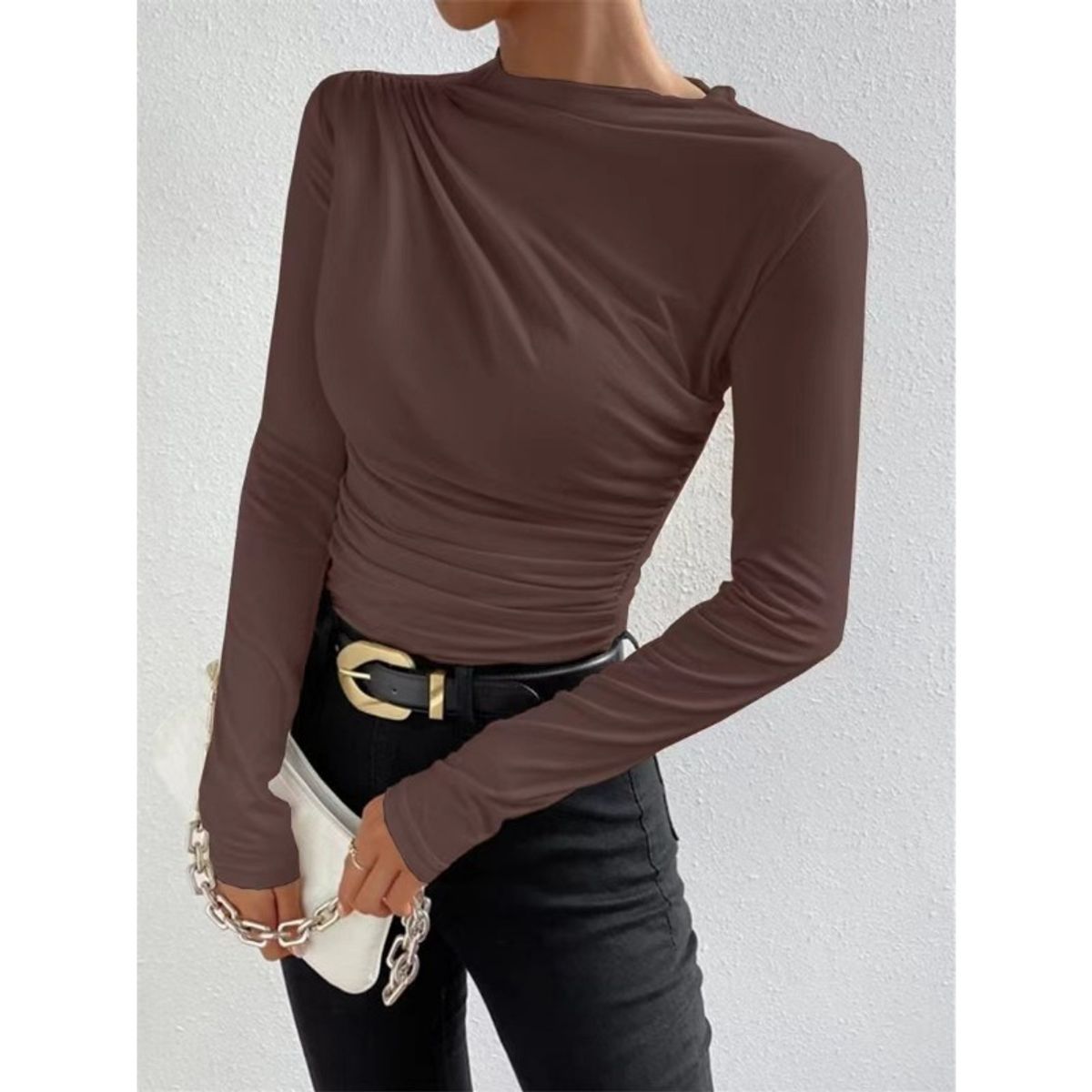 GIOIO - Blusa Mujer Lisa Americana Entallada Fruncida Manga Larga Casual