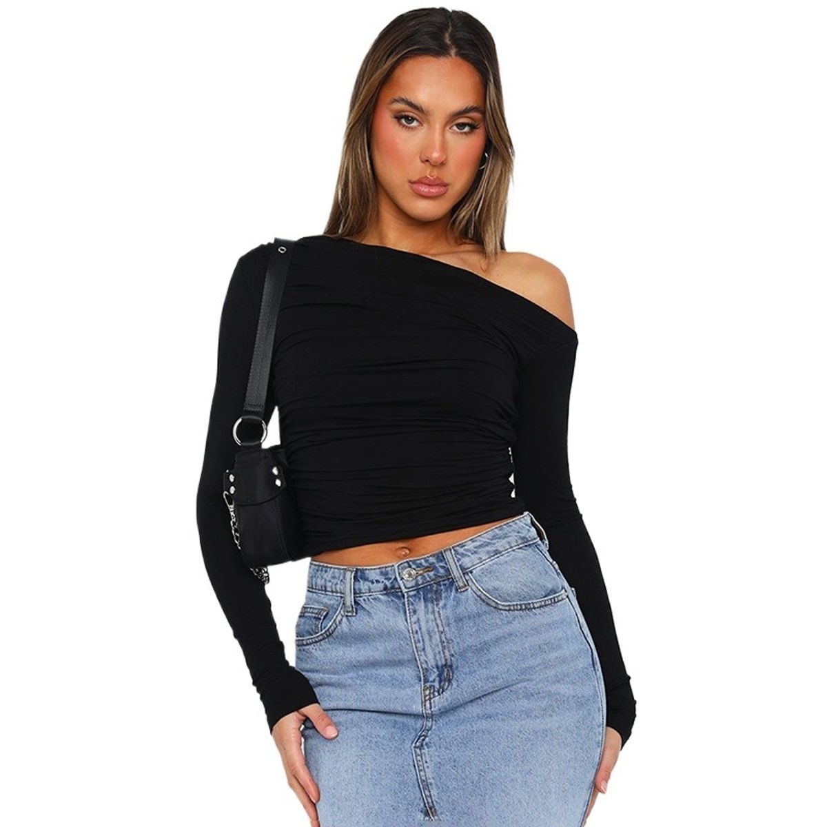 GIOIO - Blusa Mujer Lisa Asimétrica Fruncida Crop Manga Larga Casual