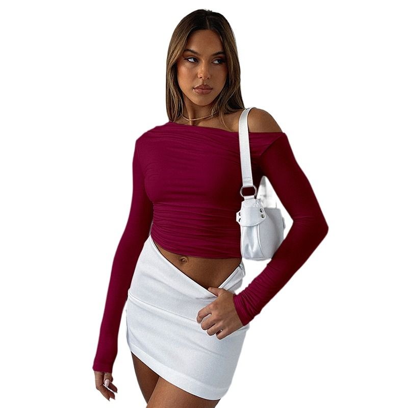 GIOIO - Blusa Mujer Lisa Asimétrica Fruncida Crop Manga Larga Casual