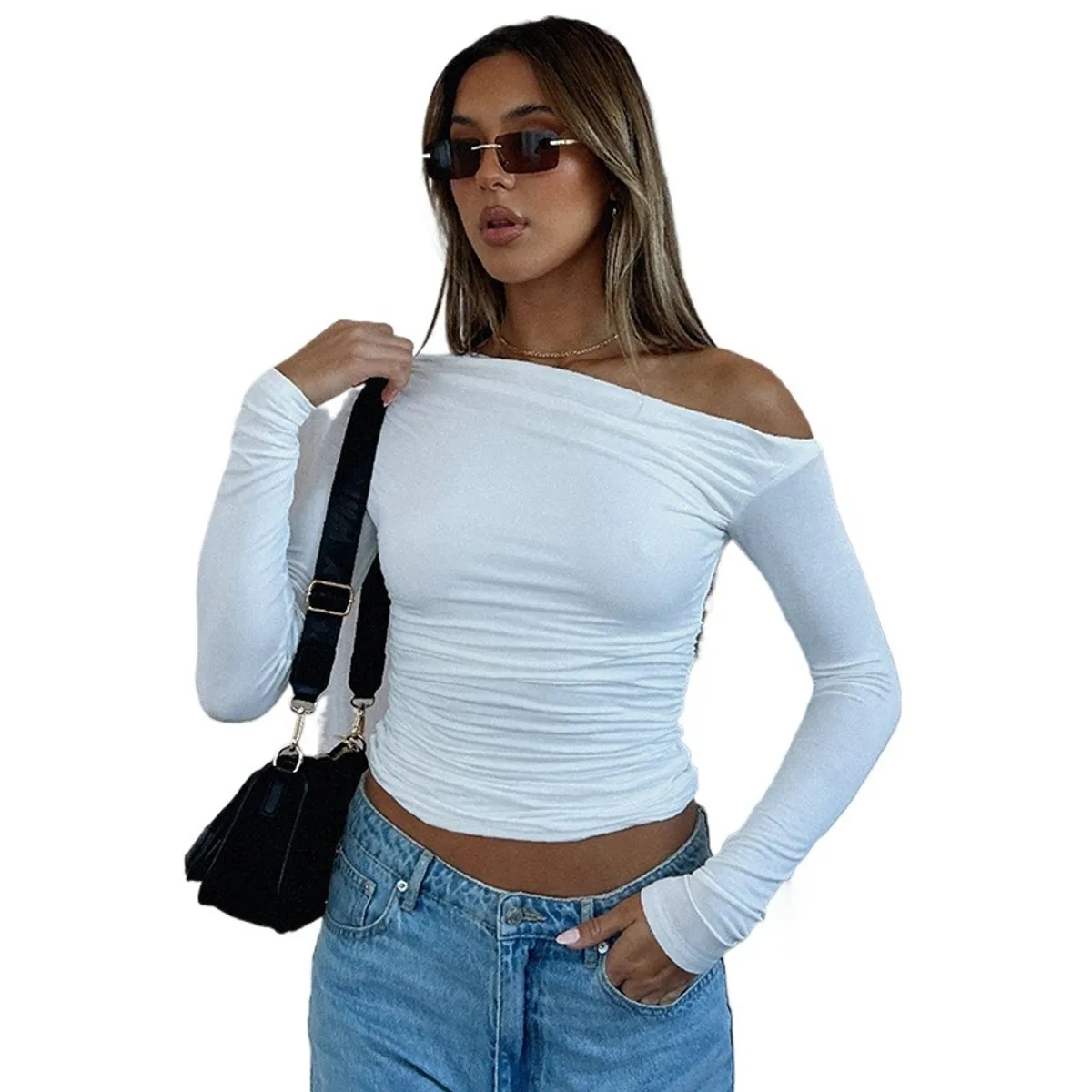 GIOIO - Blusa Mujer Lisa Asimétrica Fruncida Crop Manga Larga Casual