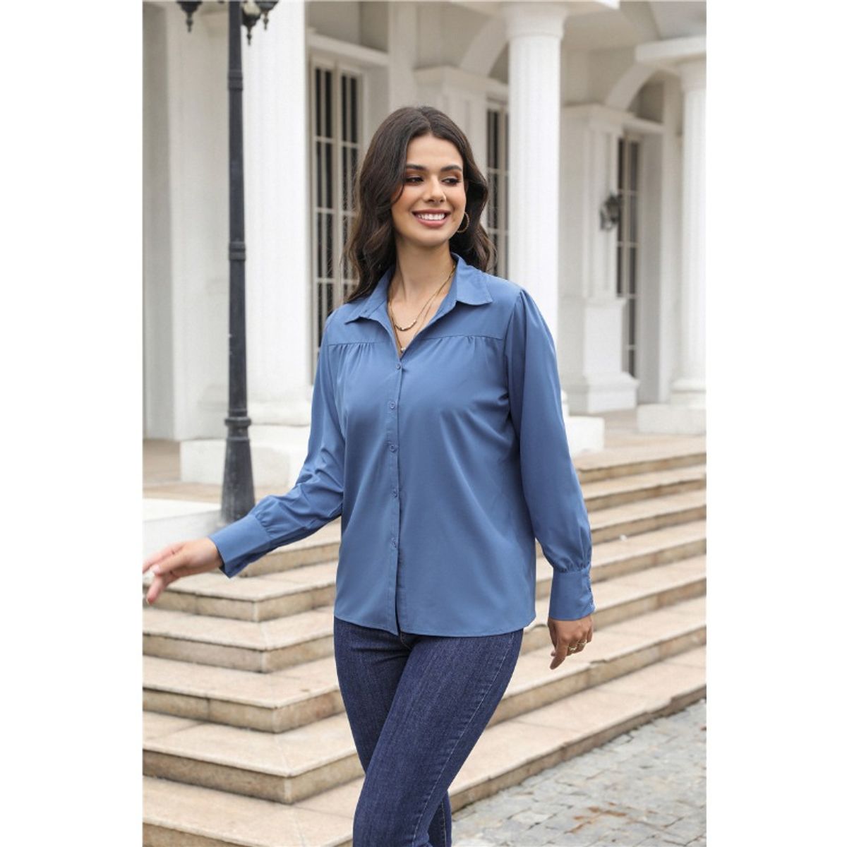 GIOIO - Camisa Mujer Lisa Botones Manga Globo Fruncida Holgada