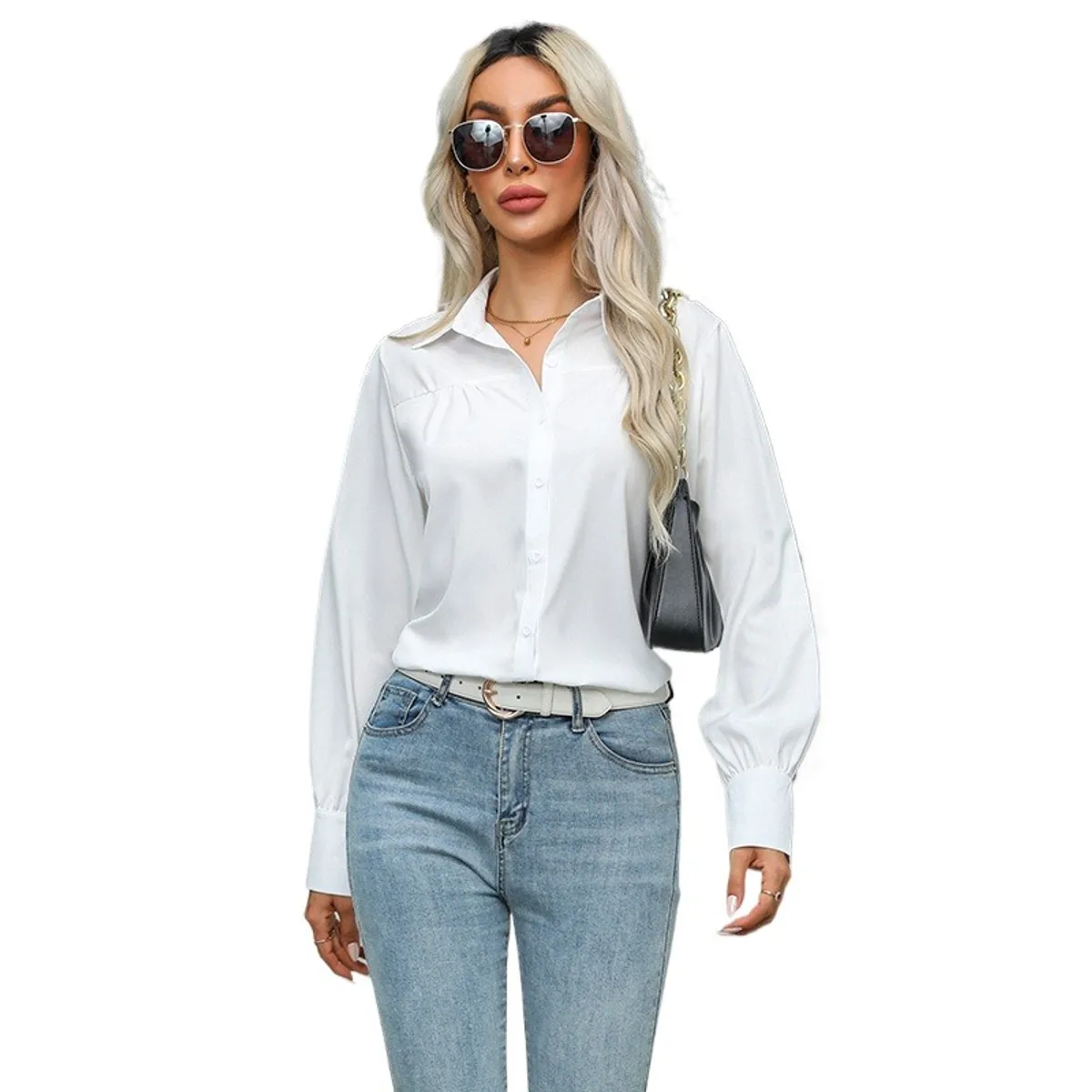 GIOIO - Camisa Mujer Lisa Botones Manga Globo Fruncida Holgada