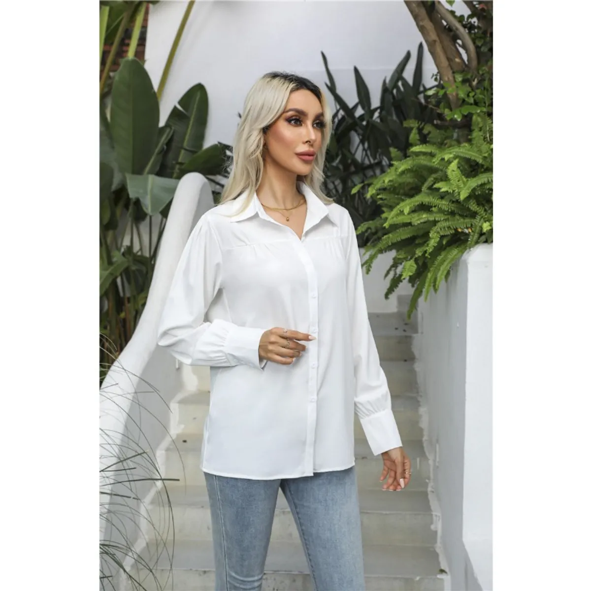 GIOIO - Camisa Mujer Lisa Botones Manga Globo Fruncida Holgada