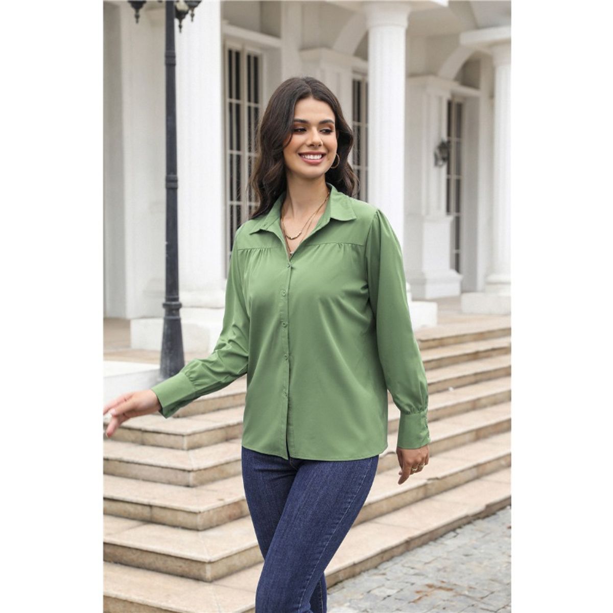 GIOIO - Camisa Mujer Lisa Botones Manga Globo Fruncida Holgada