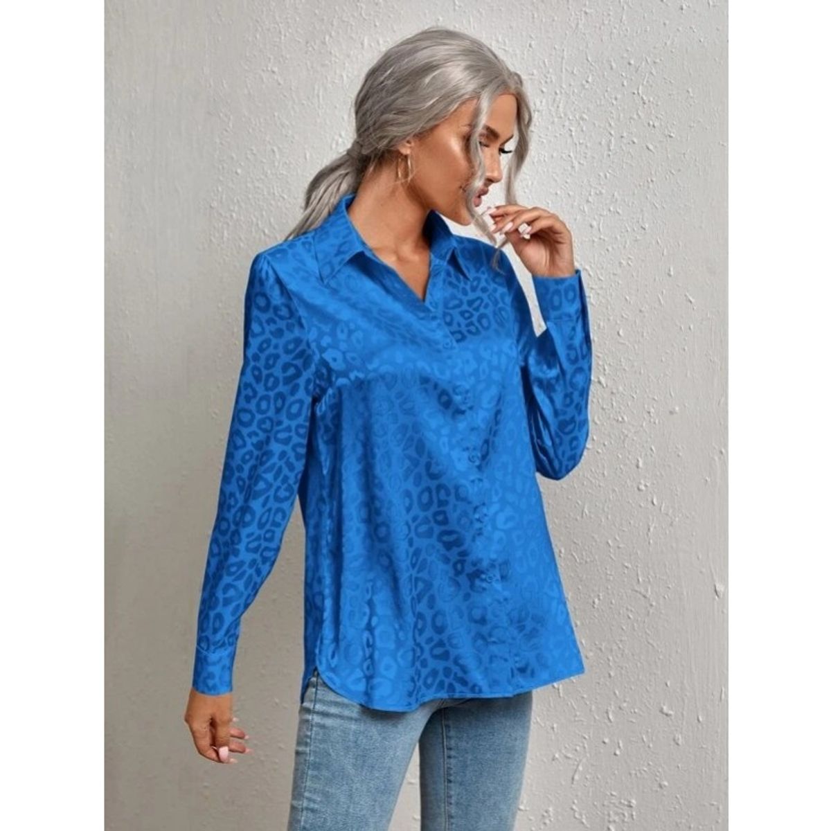 GIOIO - Camisa Mujer Leopardo Jacquard Solapa Botones Oficina Manga Larga