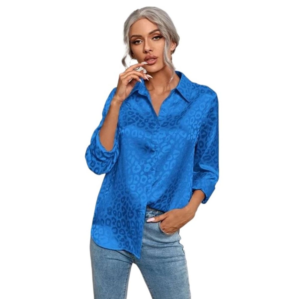 GIOIO - Camisa Mujer Leopardo Jacquard Solapa Botones Oficina Manga Larga