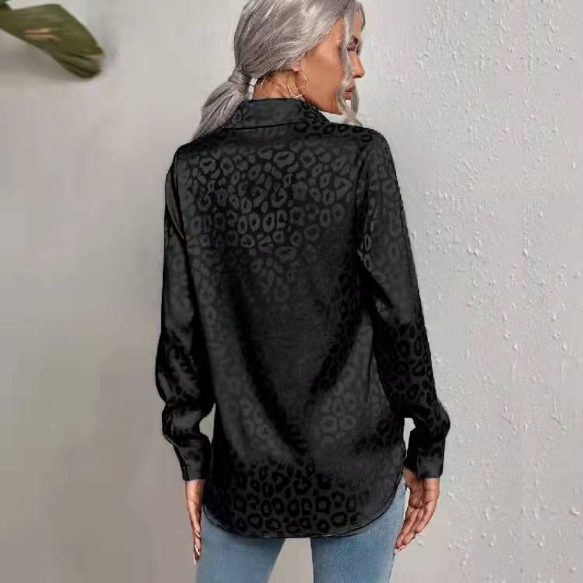 GIOIO - Camisa Mujer Leopardo Jacquard Solapa Botones Oficina Manga Larga