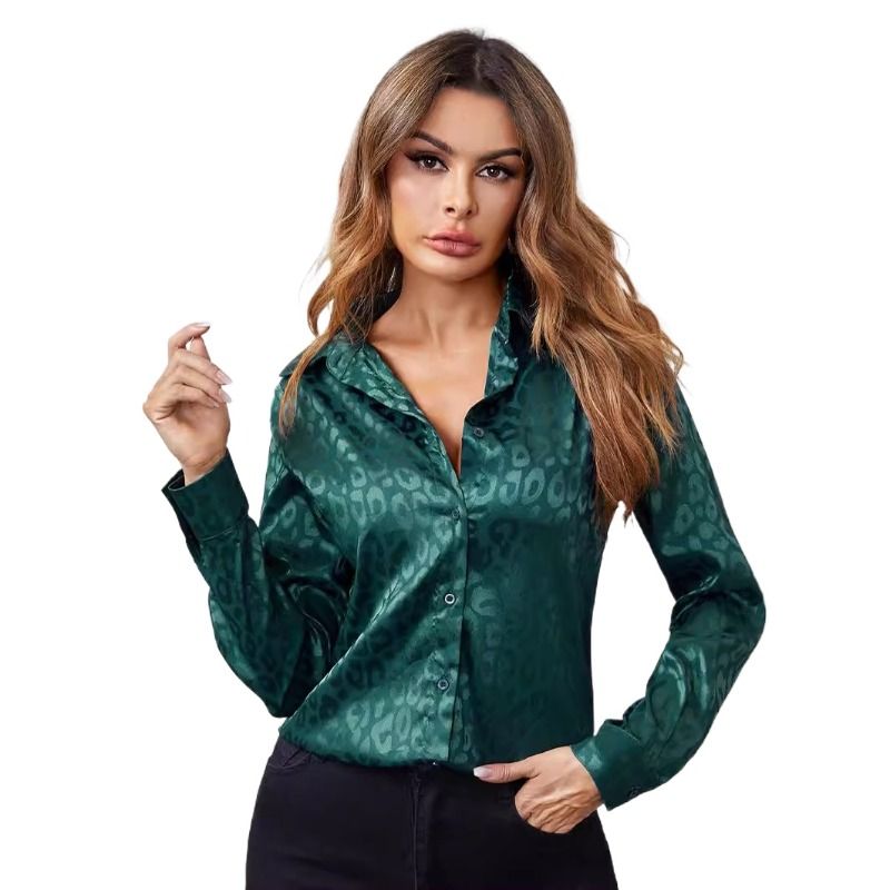 GIOIO - Camisa Mujer Leopardo Jacquard Solapa Botones Oficina Manga Larga