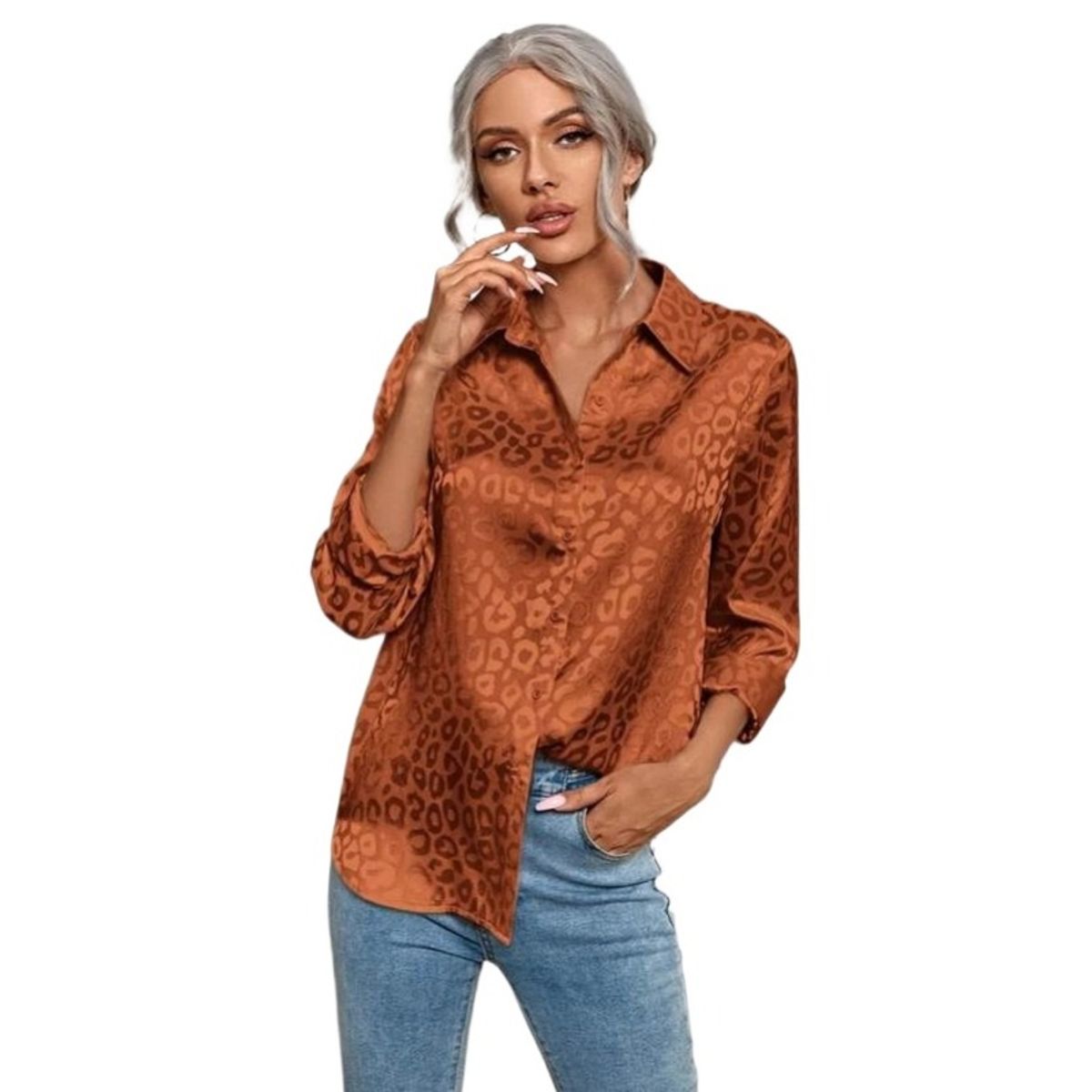 GIOIO - Camisa Mujer Leopardo Jacquard Solapa Botones Oficina Manga Larga