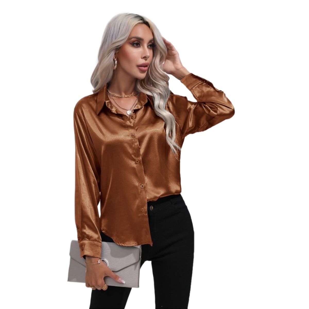 GIOIO - Camisa Mujer Satén Imitación Seda Manga Larga Entallada Casual