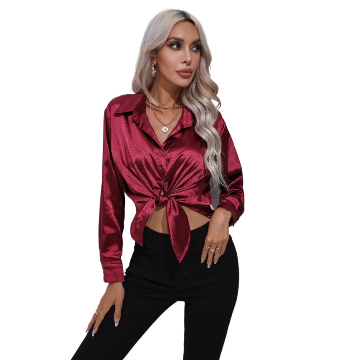 GIOIO - Camisa Mujer Satén Imitación Seda Manga Larga Entallada Casual