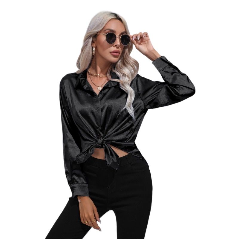 GIOIO - Camisa Mujer Satén Imitación Seda Manga Larga Entallada Casual