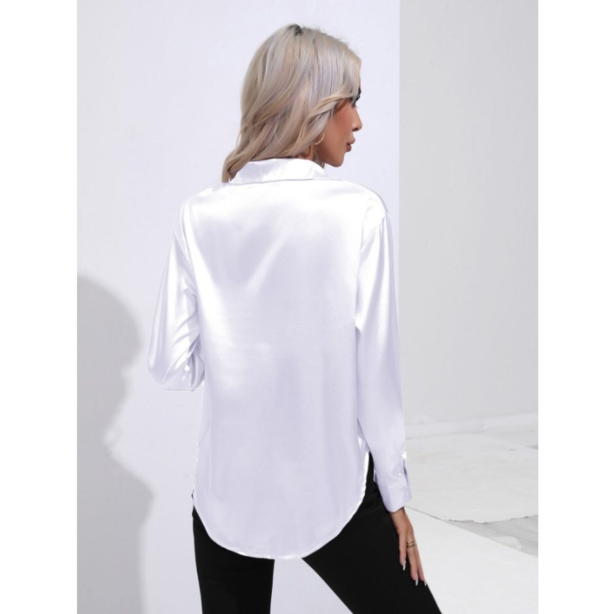 GIOIO - Camisa Mujer Satén Imitación Seda Manga Larga Entallada Casual