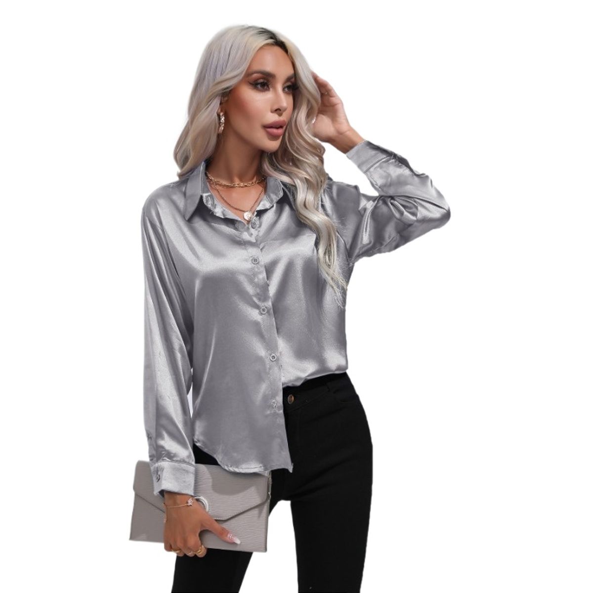 GIOIO - Camisa Mujer Satén Imitación Seda Manga Larga Entallada Casual