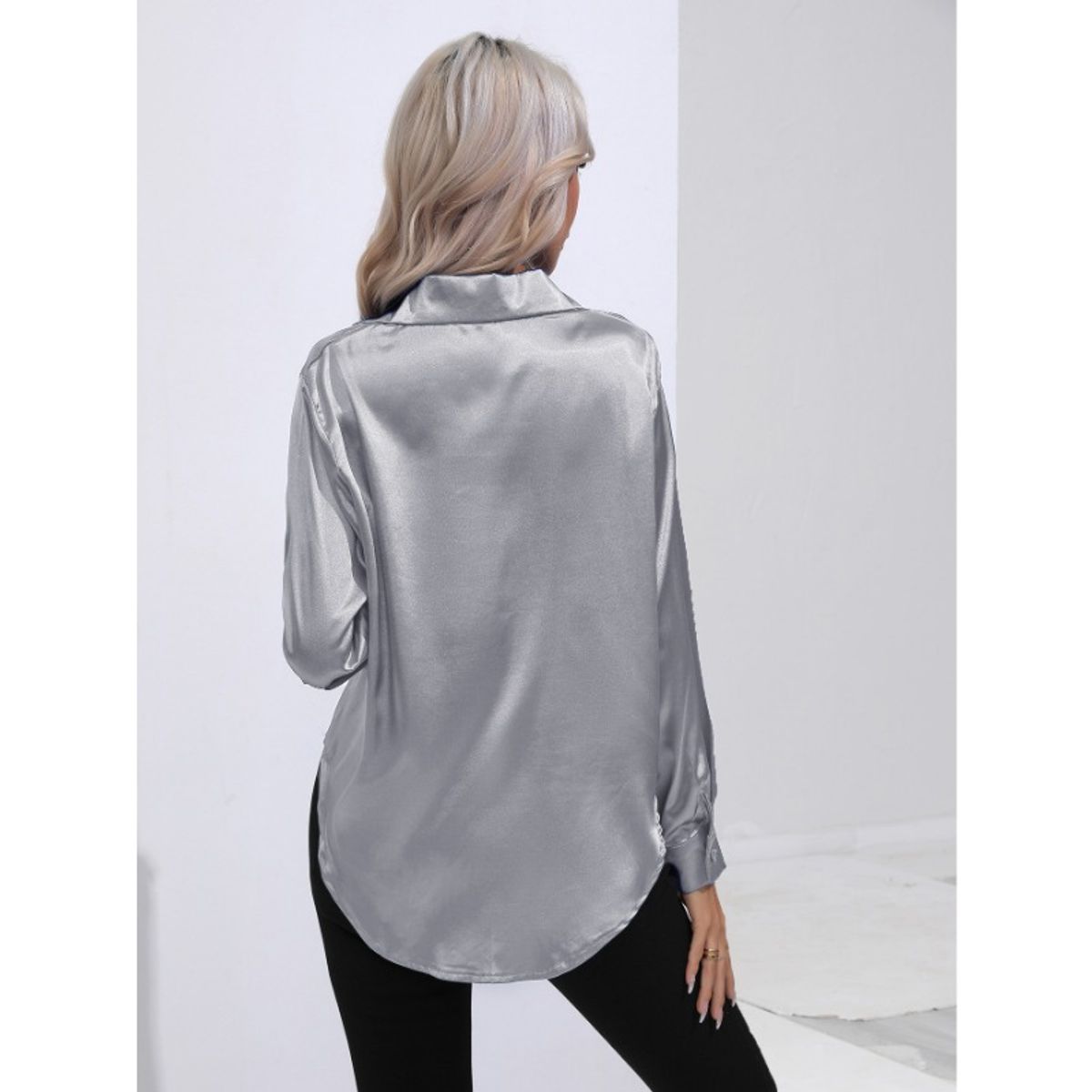 GIOIO - Camisa Mujer Satén Imitación Seda Manga Larga Entallada Casual