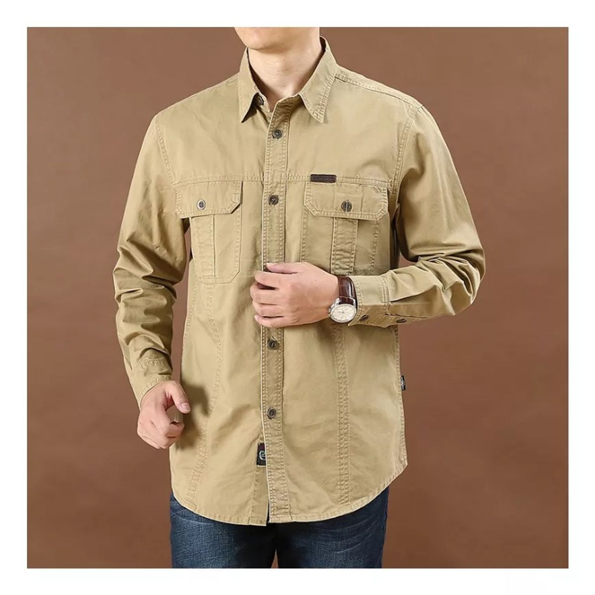 GIOIO - Camisa Casual De Algodón Con Mangas Largas Para Hombre