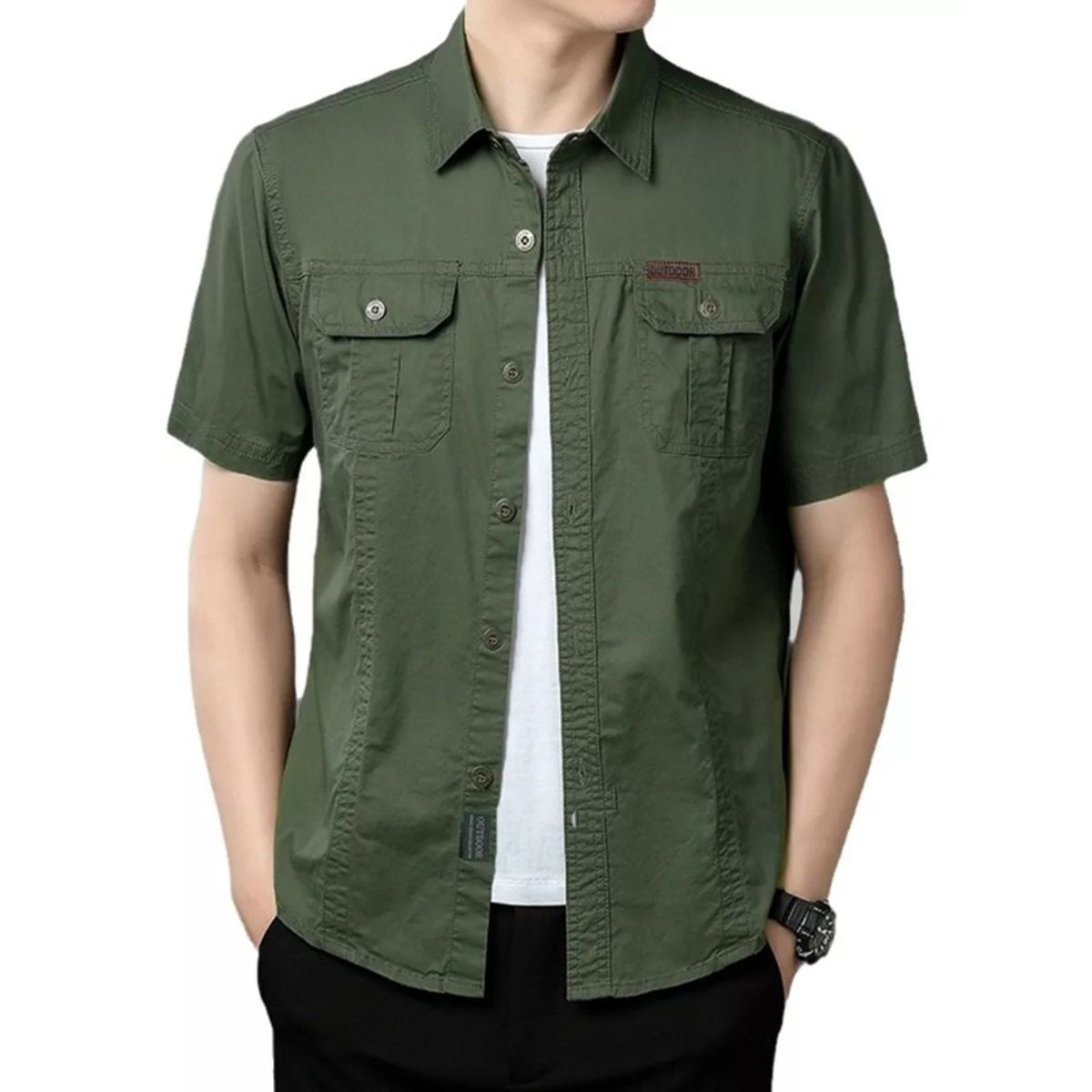 GIOIO - Camisa Casual De Algodón Con Solapa Mangas Short Para Hombre