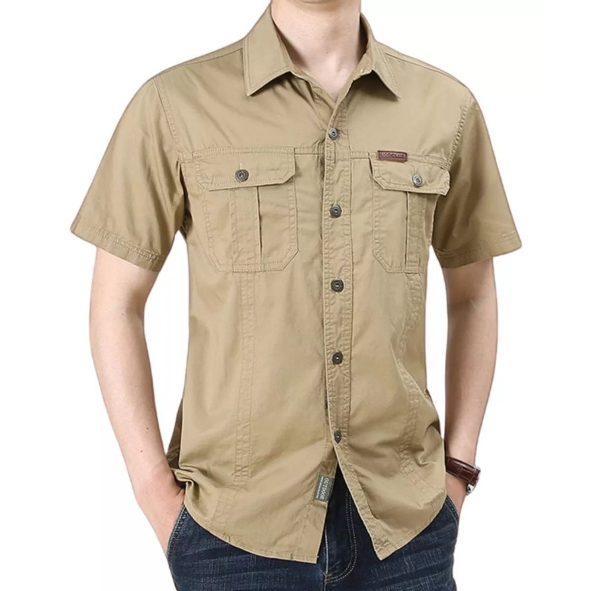 GIOIO - Camisa Casual De Algodón Con Solapa Mangas Short Para Hombre