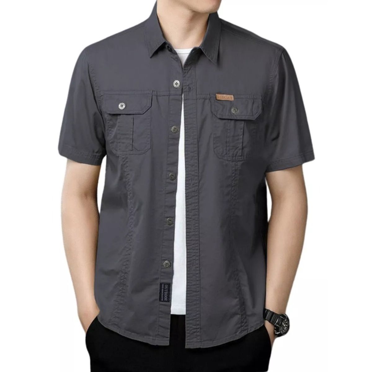 GIOIO - Camisa Casual De Algodón Con Solapa Mangas Short Para Hombre