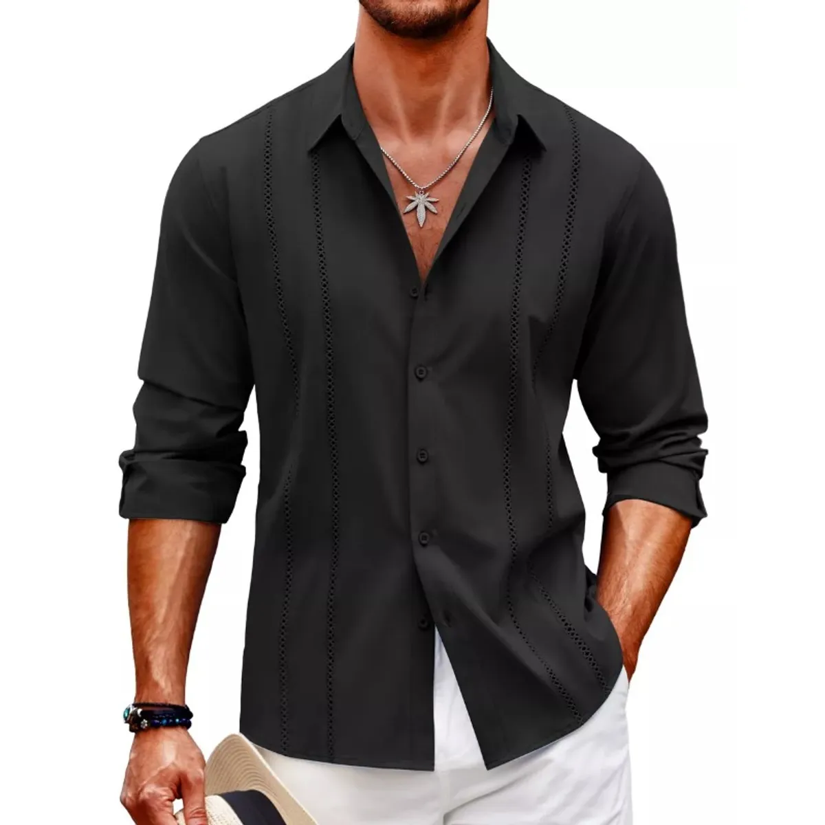 GIOIO - Playa De Guayabera Larga Cubana Camisas Casual Para Hombre