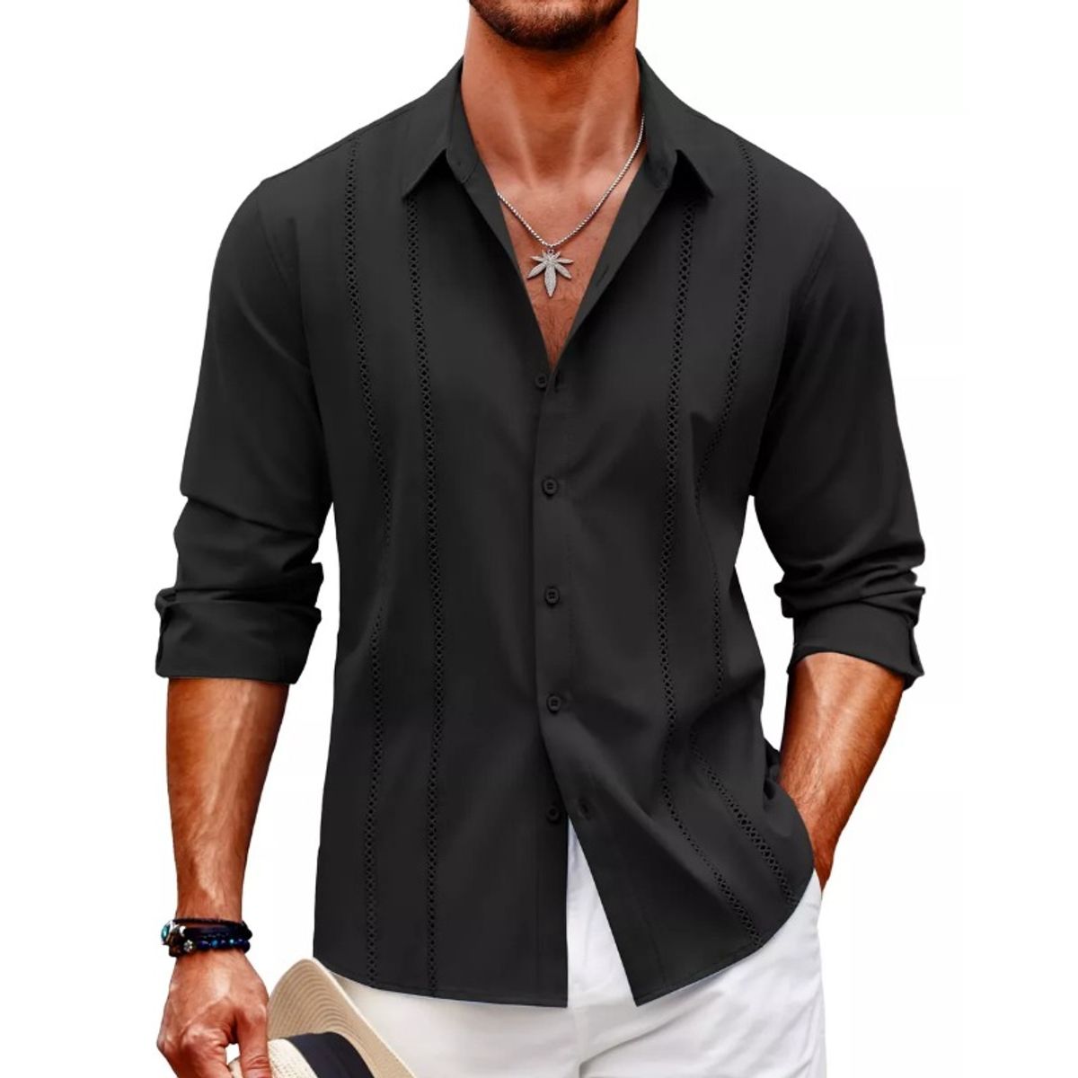 GIOIO - Playa De Guayabera Larga Cubana Camisas Casual Para Hombre
