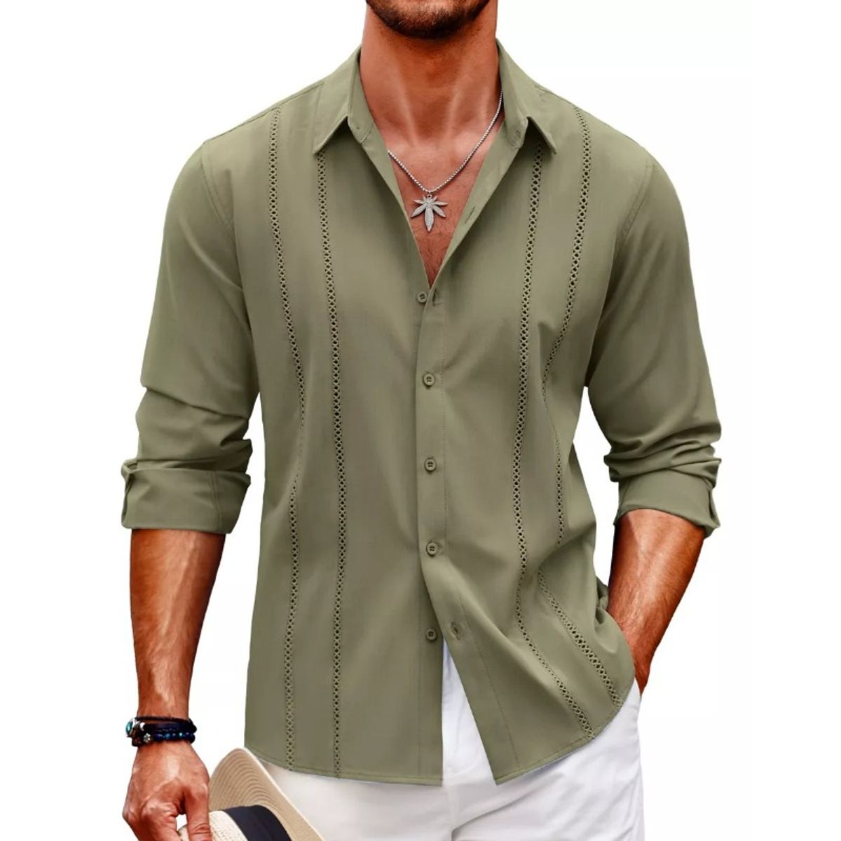 GIOIO - Playa De Guayabera Larga Cubana Camisas Casual Para Hombre
