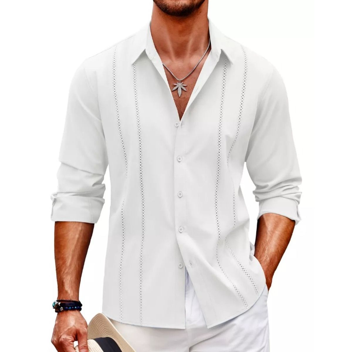 GIOIO - Playa De Guayabera Larga Cubana Camisas Casual Para Hombre
