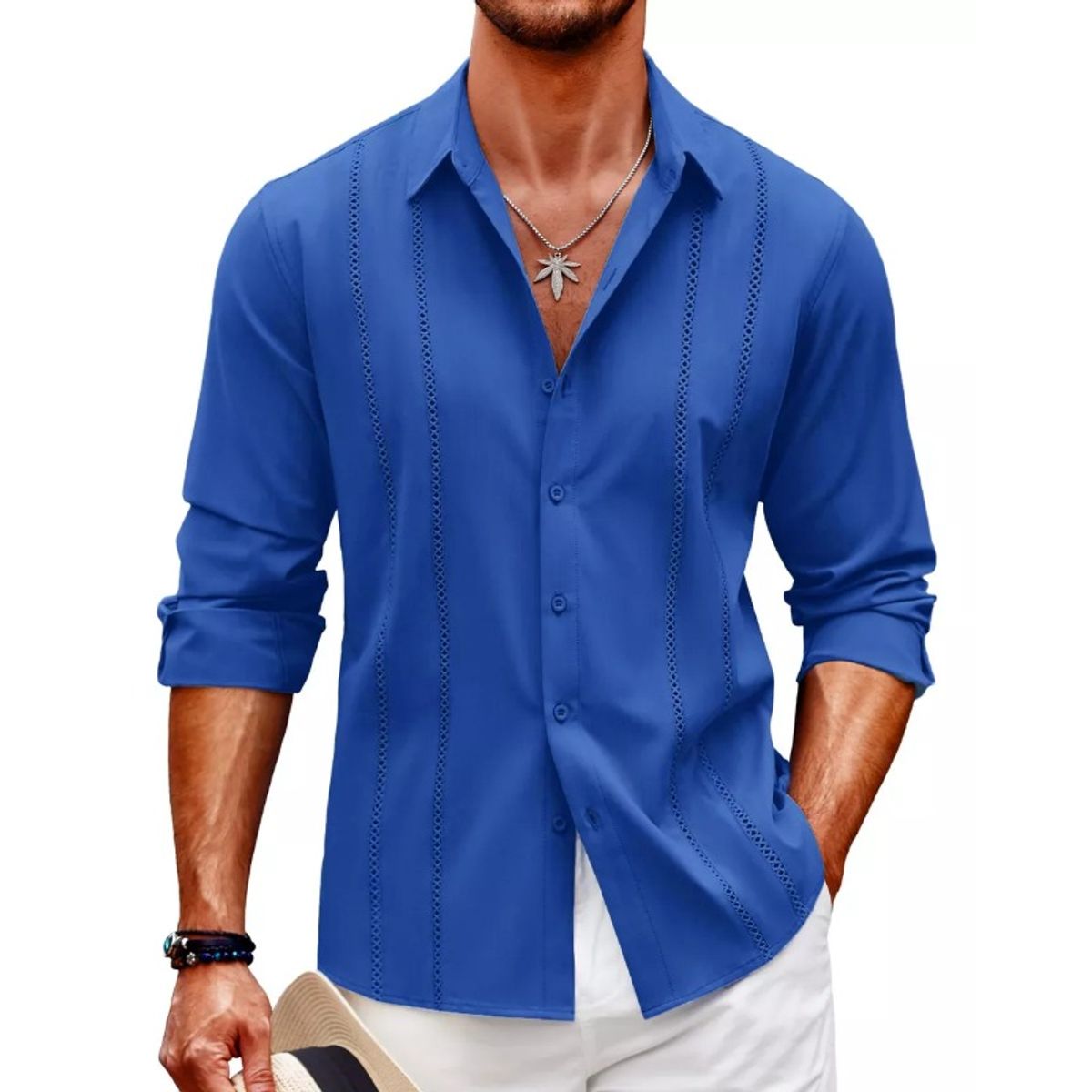 GIOIO - Playa De Guayabera Larga Cubana Camisas Casual Para Hombre