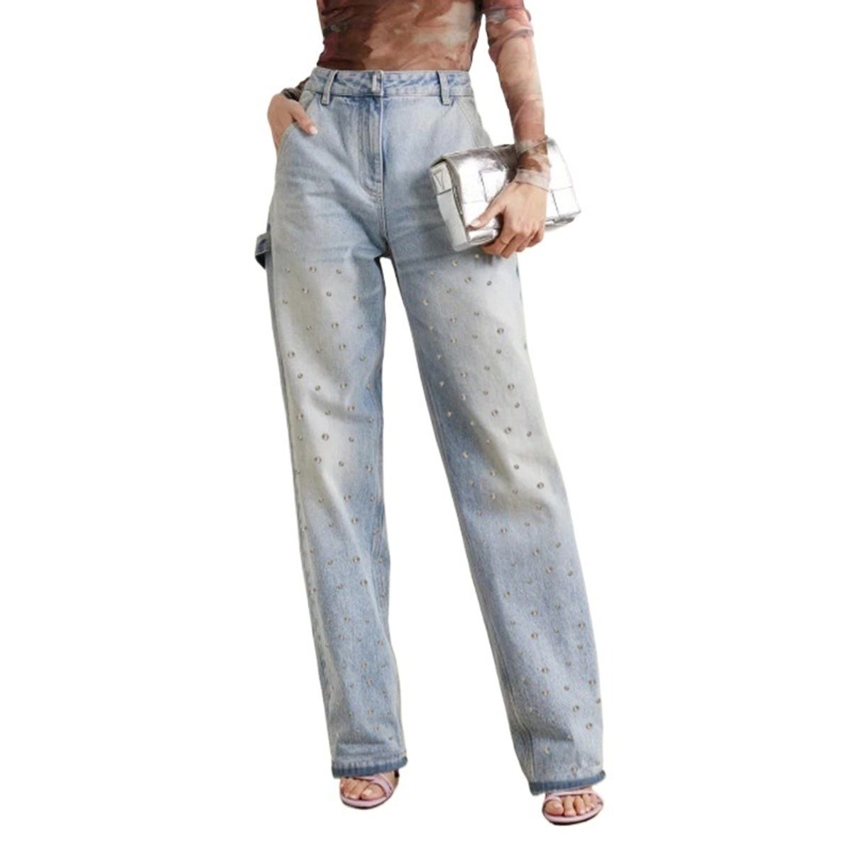 GIOIO - Pantalón Vaquero Mujer Tiro Alto Cuentas Recto Casual