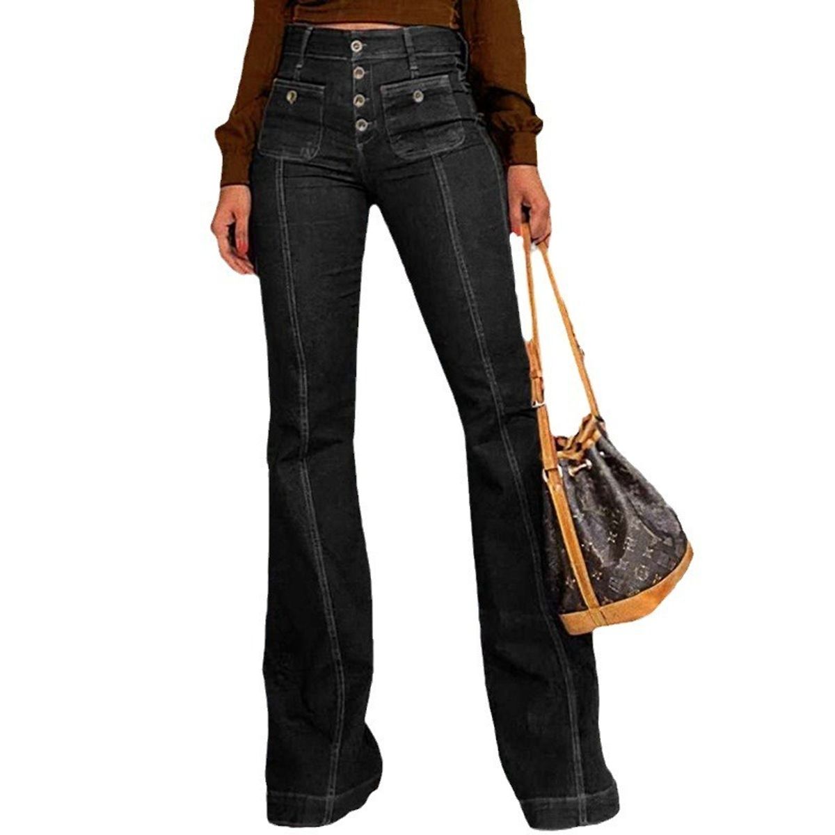 GIOIO - Pantalón Vaquero Mujer Flare Tiro Alto Paneles Lavado Elástico