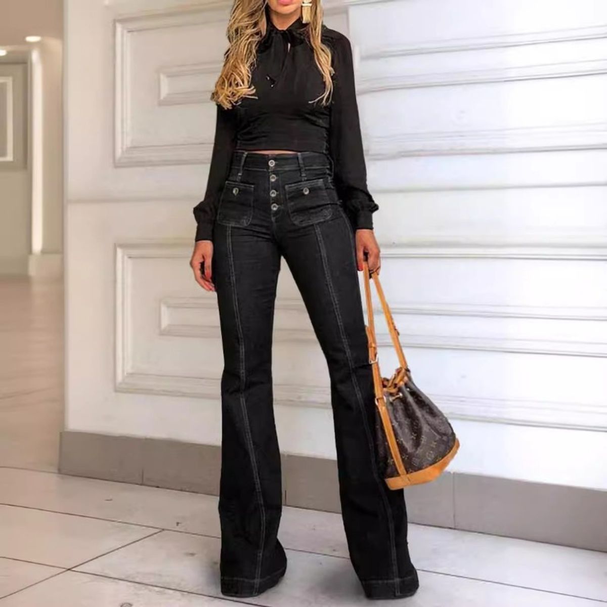 GIOIO - Pantalón Vaquero Mujer Flare Tiro Alto Paneles Lavado Elástico