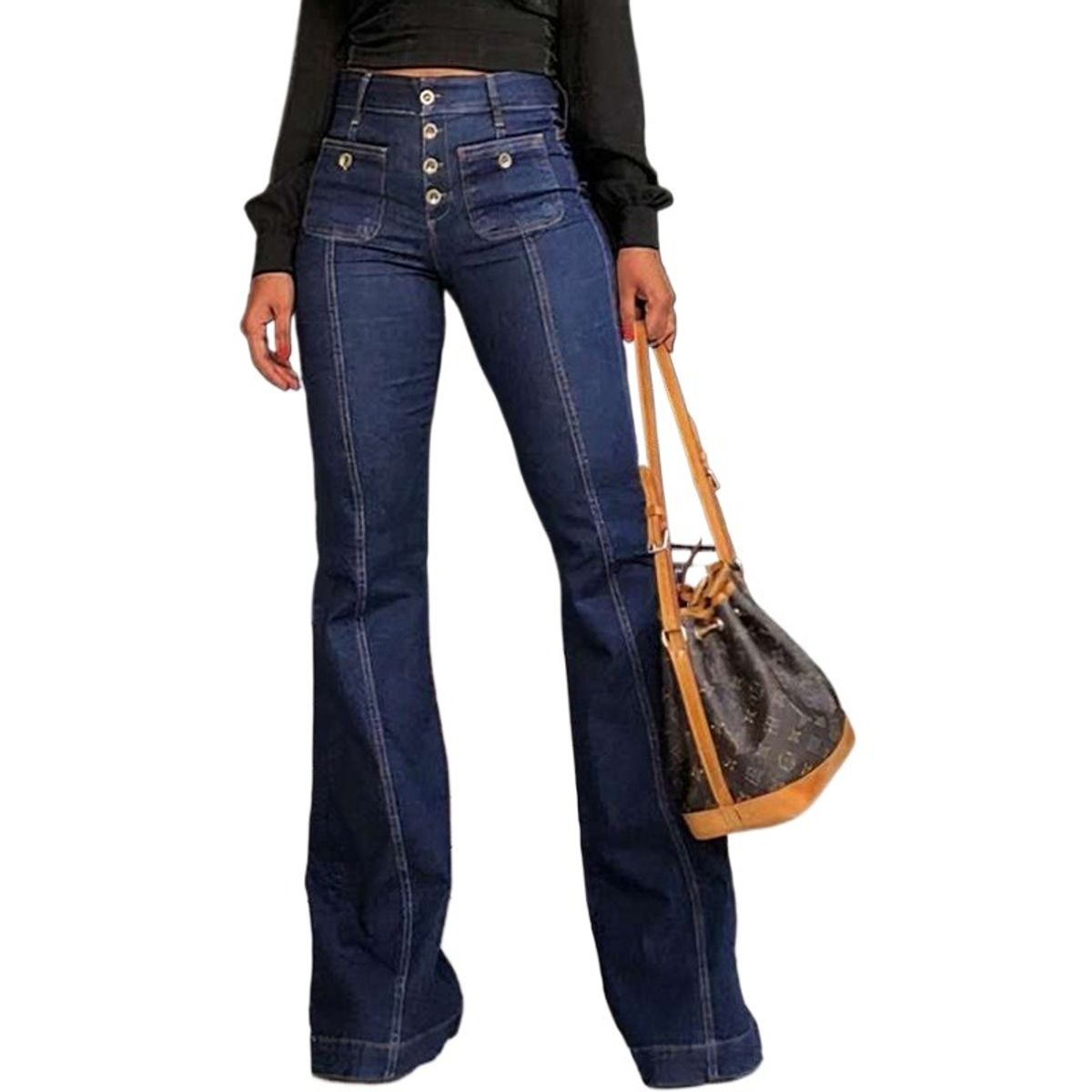 GIOIO - Pantalón Vaquero Mujer Flare Tiro Alto Paneles Lavado Elástico