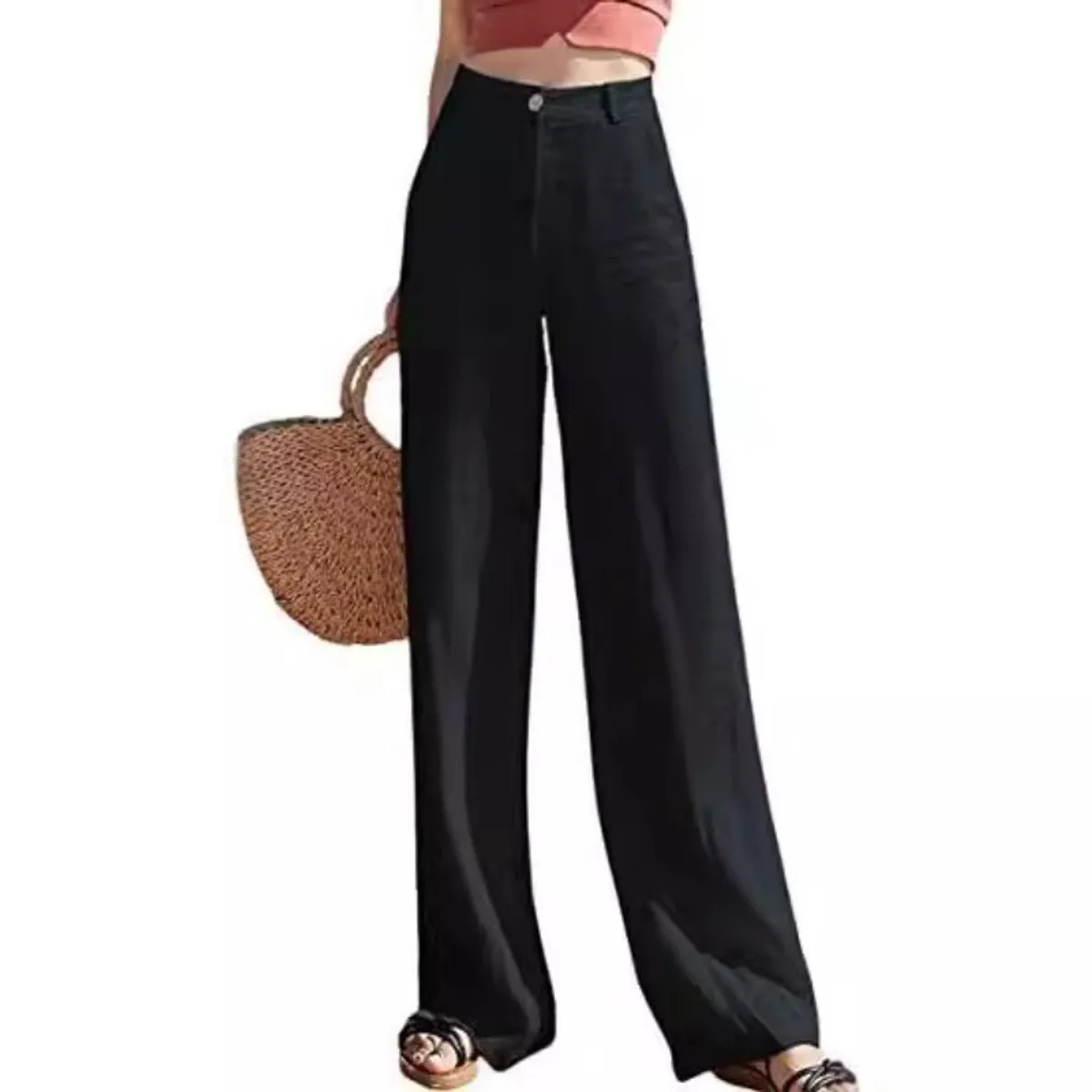 GIOIO - Pantalón Lino Mujer Tiro Alto Palazzo Casual