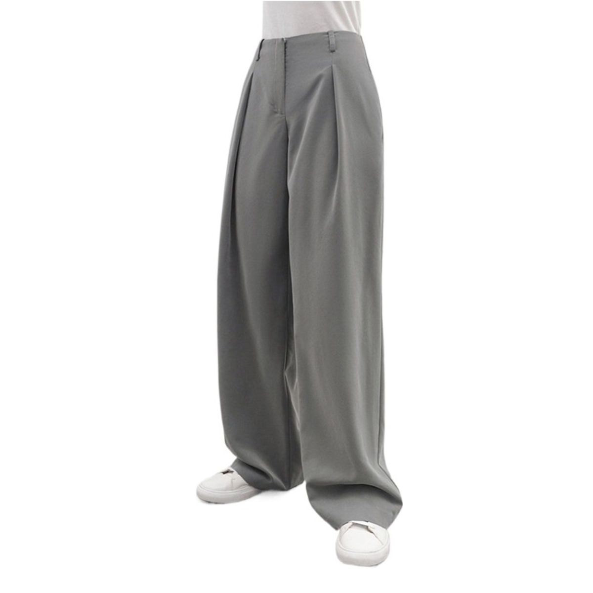 GIOIO - Pantalón ancho gris talle alto urbano minimalista versátil