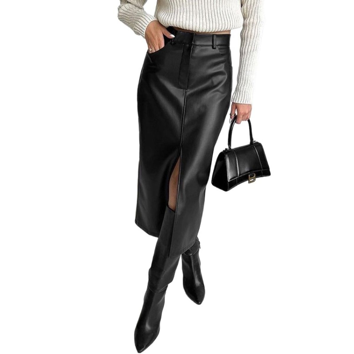 GIOIO - Falda piel PU ajustada forro cálido vintage abertura lateral