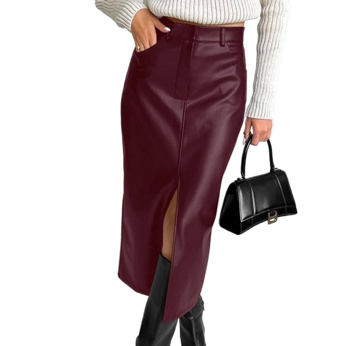 GIOIO - Falda piel PU ajustada forro cálido vintage abertura lateral