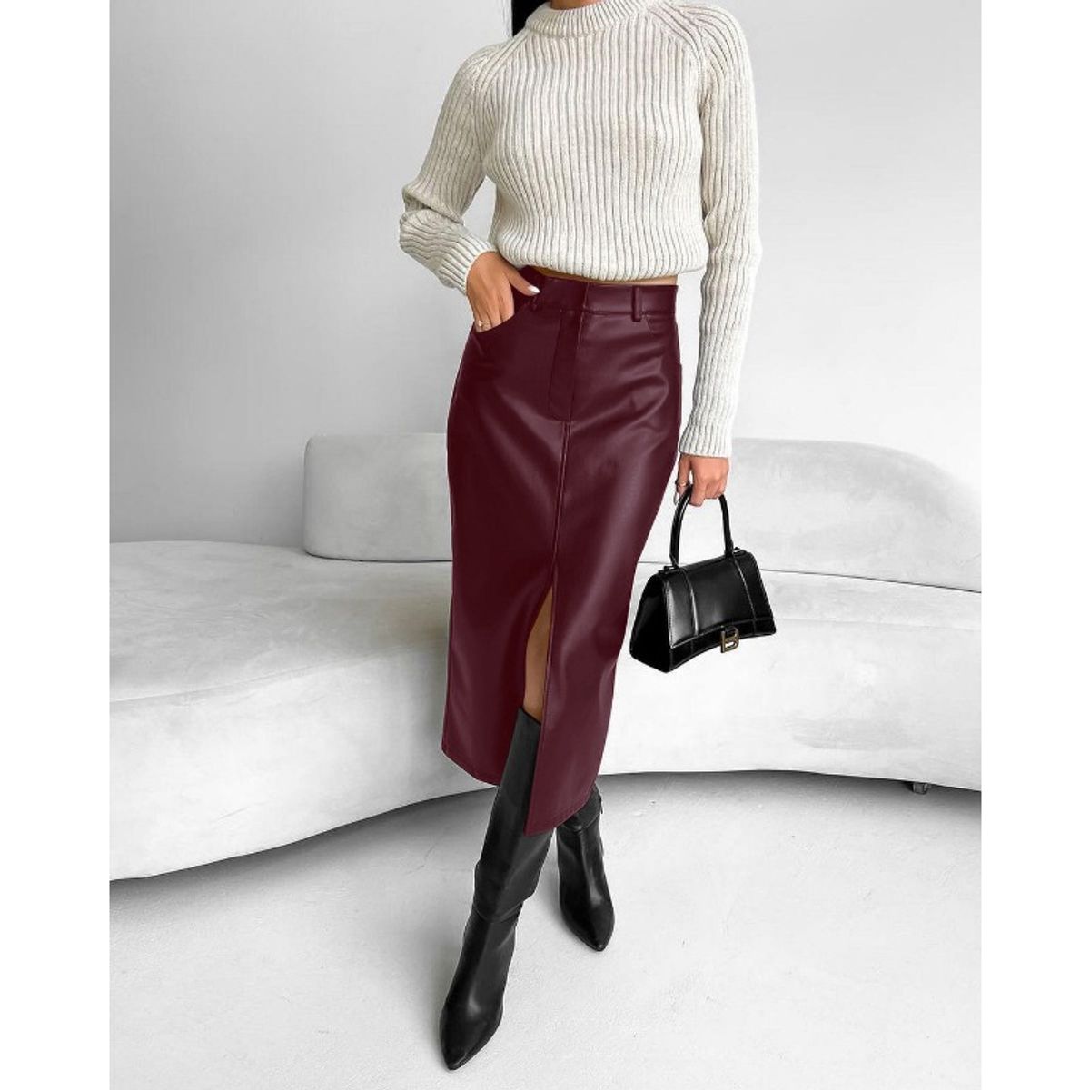 GIOIO - Falda piel PU ajustada forro cálido vintage abertura lateral