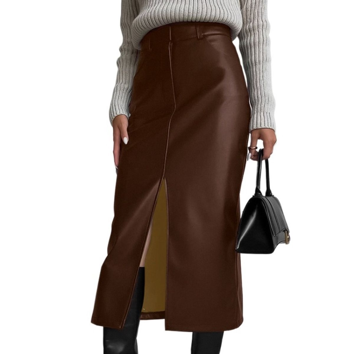 GIOIO - Falda piel PU ajustada forro cálido vintage abertura lateral