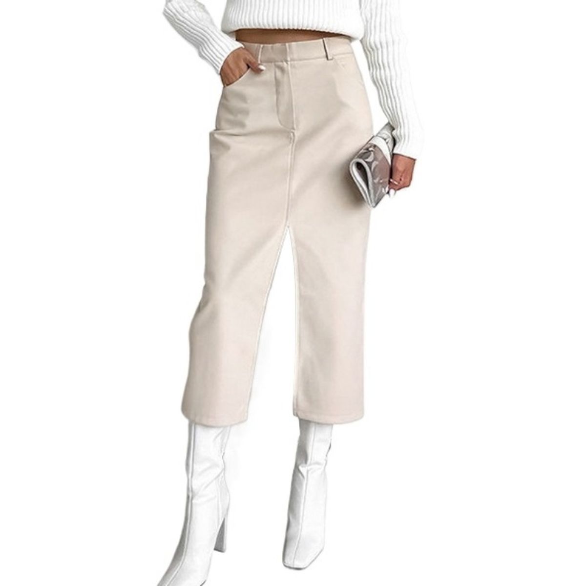 GIOIO - Falda piel PU ajustada forro cálido vintage abertura lateral